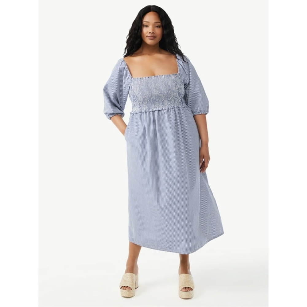 Free Assembly Smocked Midi Dress Blue White Striped Puff Sleeve S